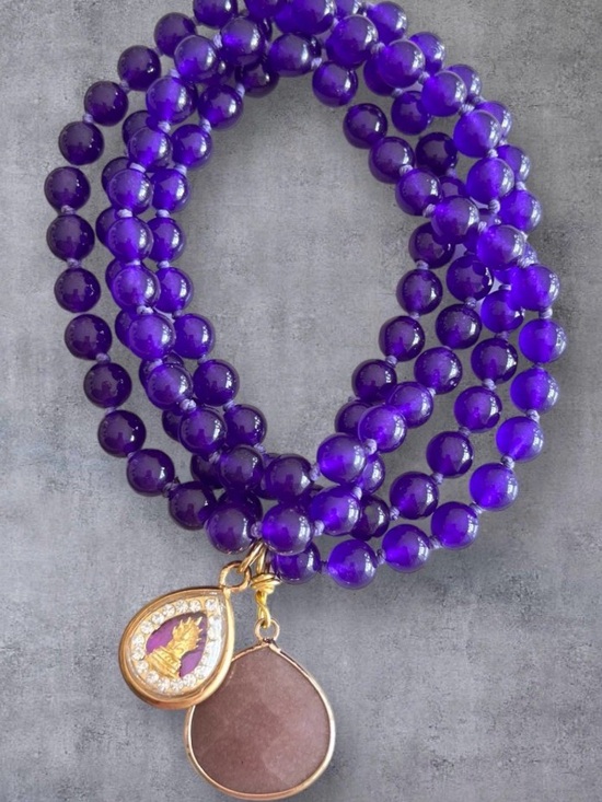 Zuze Designs Jewelry - Purple Bead Mala Necklace with Thai Buddha Pendants, Meditation Necklace